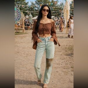 Anthropologie NWT Pilcro Slim Boyfriend Jeans Midrise Green Spray Paint Mint 24T